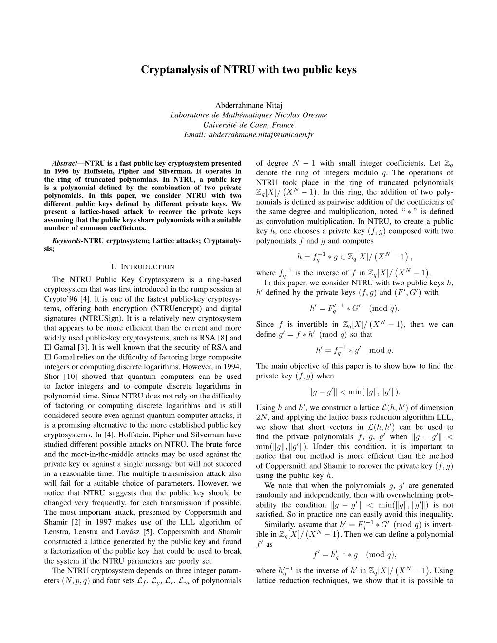 Cryptanalysis of NTRU with Two Public Keys