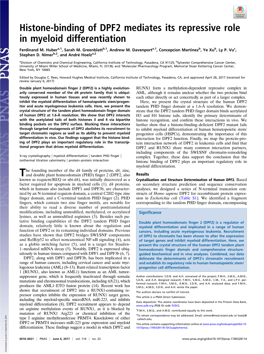 Histone-Binding of DPF2 Mediates Its Repressive Role in Myeloid Differentiation