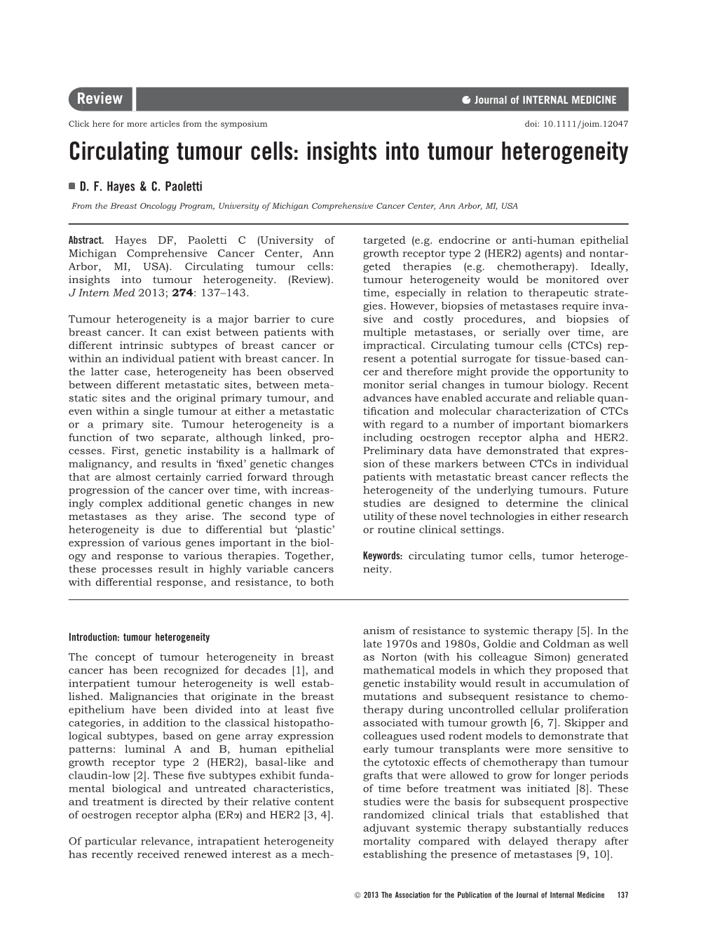 Circulating Tumour Cells: Insights Into Tumour Heterogeneity