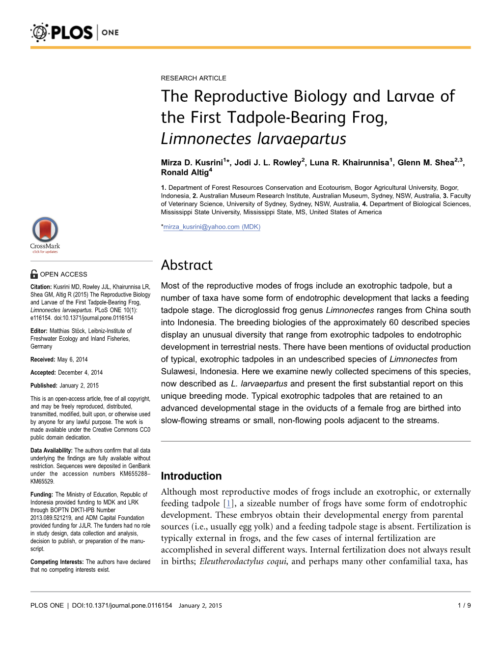 The Reproductive Biology and Larvae of the First Tadpole-Bearing Frog, Limnonectes Larvaepartus