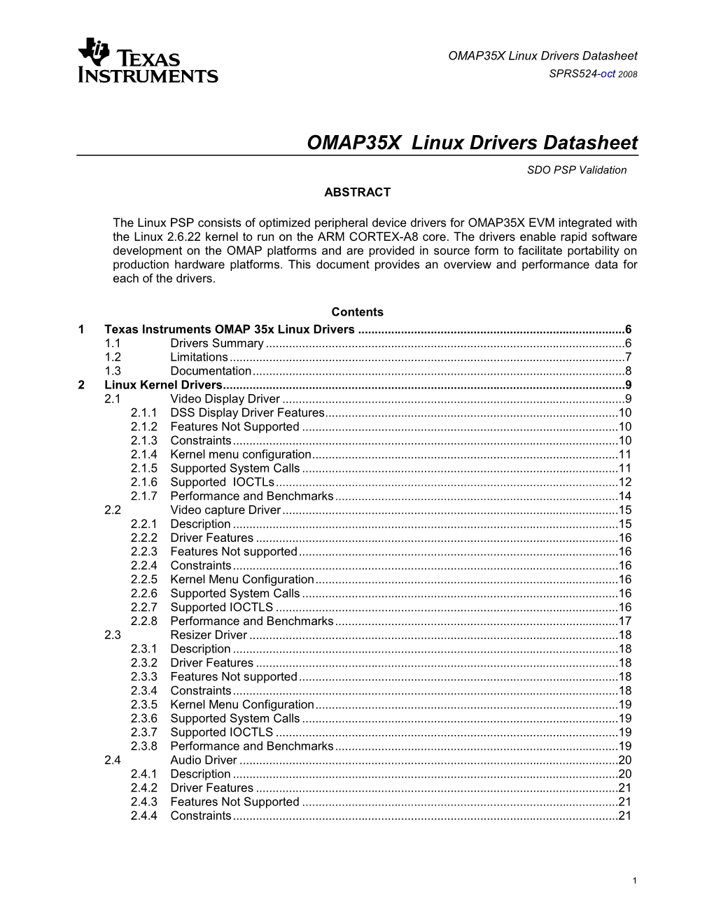OMAP35X Linux Drivers Datasheet