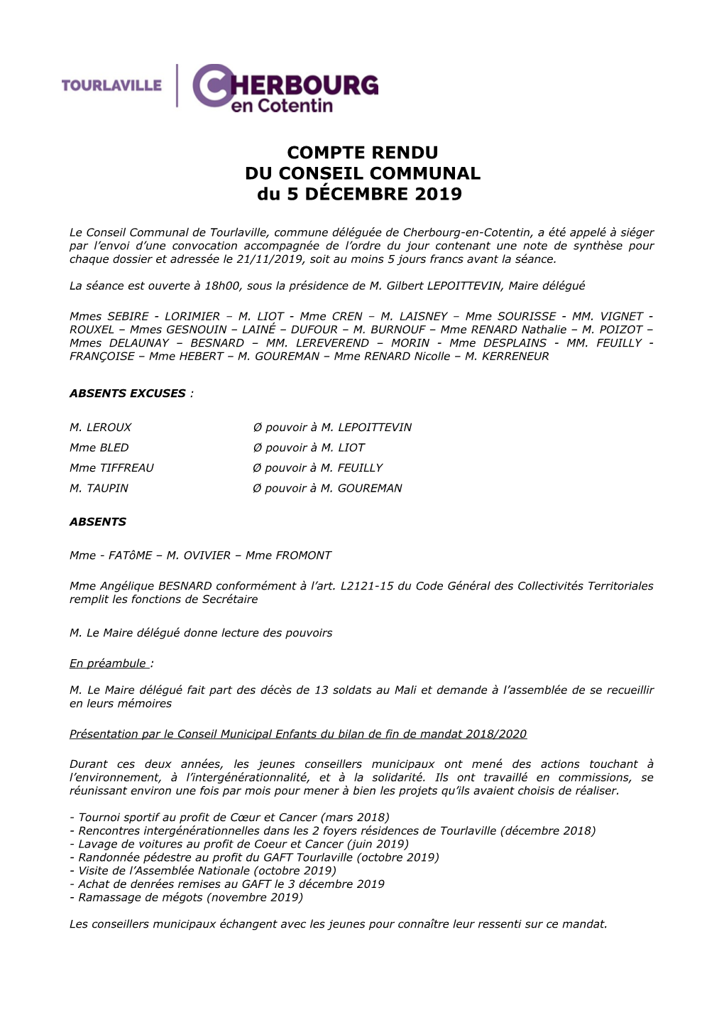 COMPTE RENDU DU CONSEIL COMMUNAL Du 5 DÉCEMBRE 2019