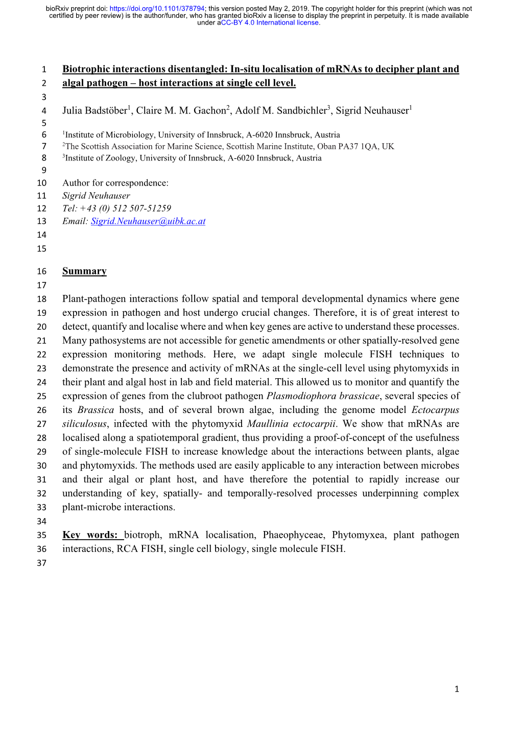 In-Situ Localisation of Mrnas to Decipher Plant and Algal Pathogen