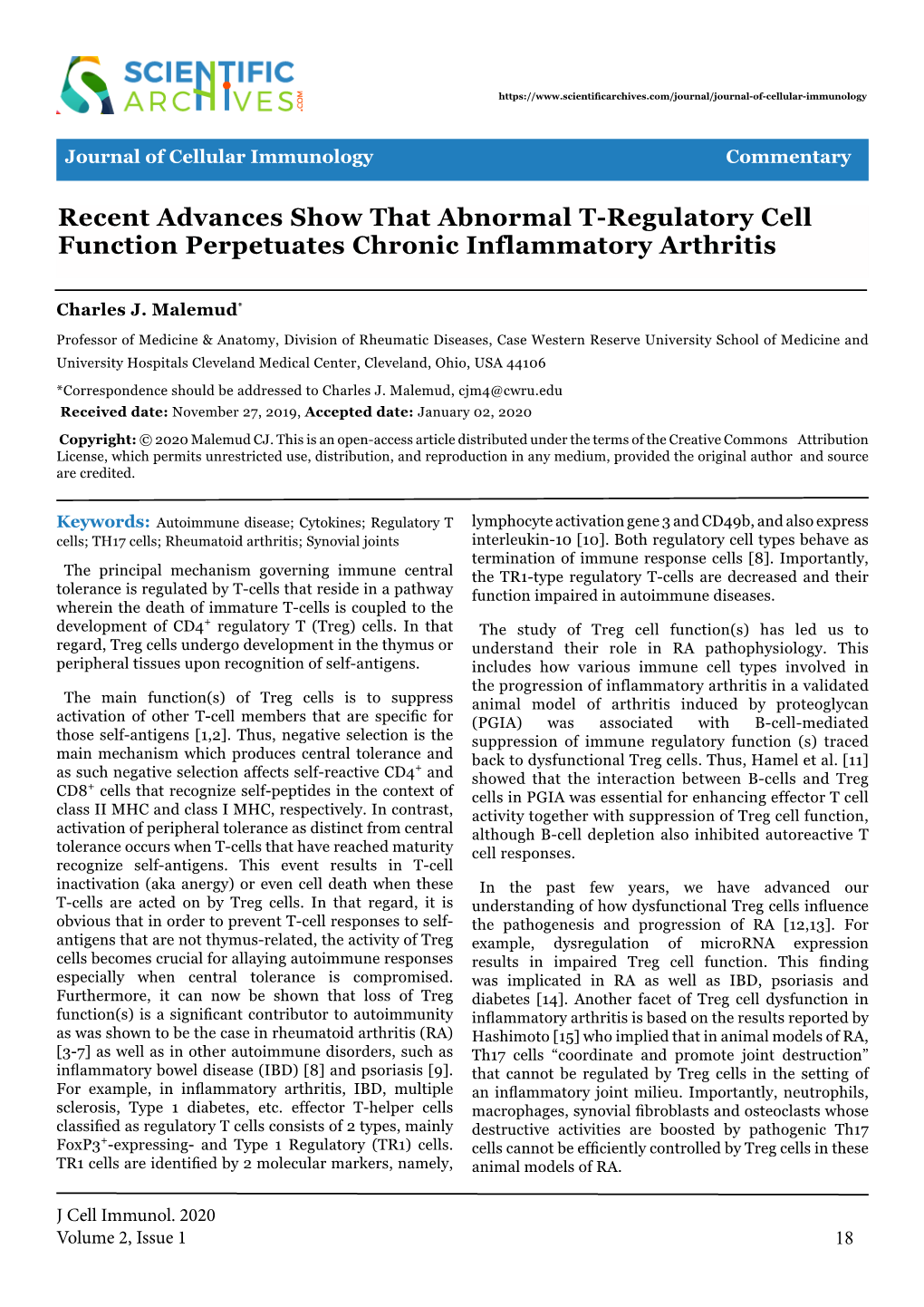 Recent Advances Show That Abnormal T-Regulatory Cell Function Perpetuates Chronic Inflammatory Arthritis