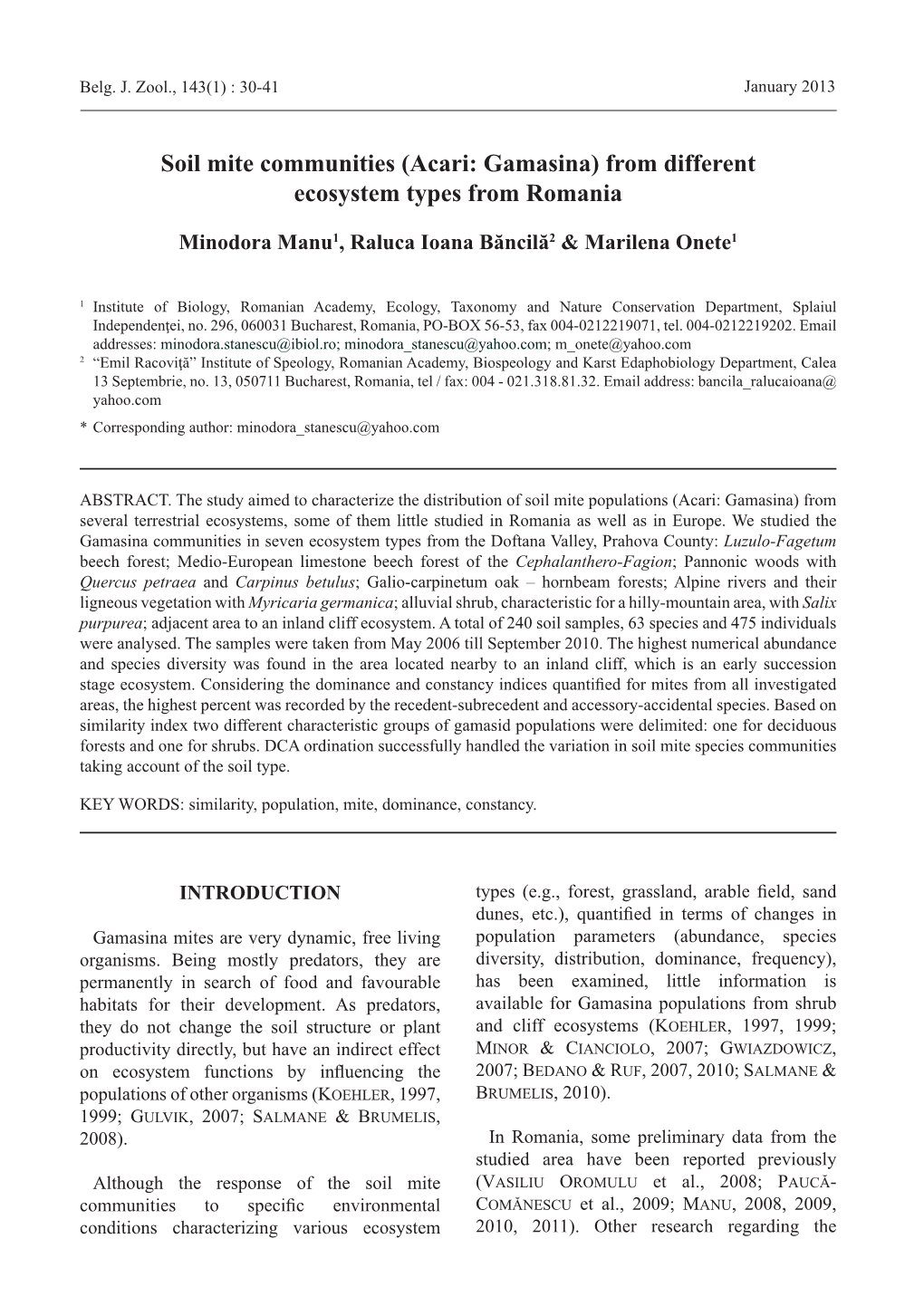 Soil Mite Communities (Acari: Gamasina) from Different Ecosystem Types from Romania