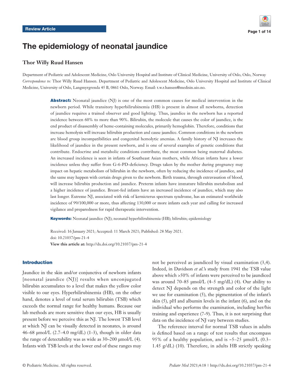 The Epidemiology of Neonatal Jaundice