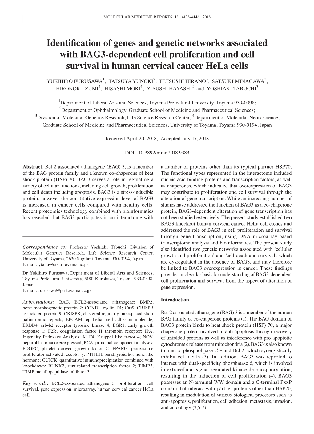 Identification of Genes and Genetic Networks Associated with BAG3‑Dependent Cell Proliferation and Cell Survival in Human Cervical Cancer Hela Cells