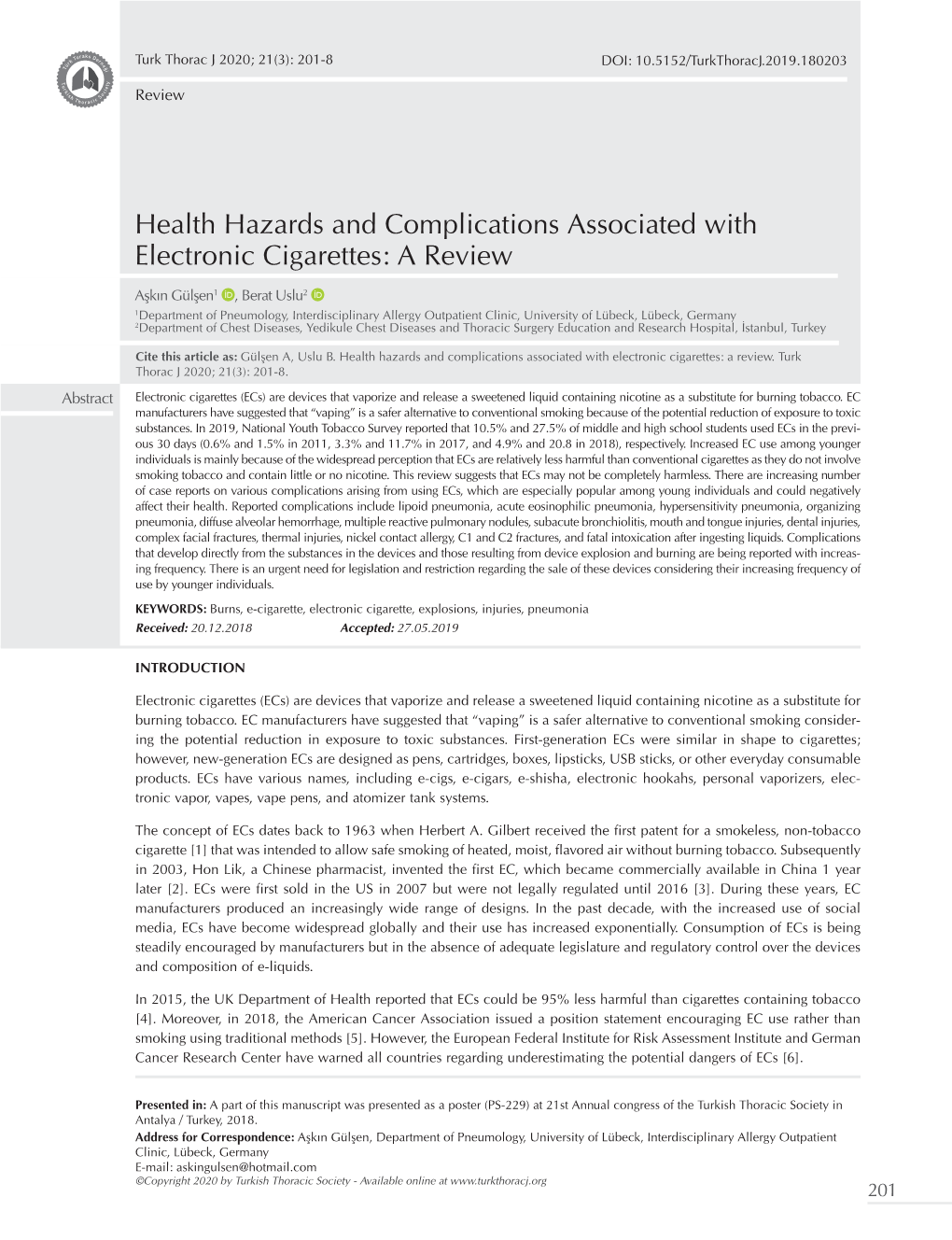 Health Hazards and Complications Associated with Electronic Cigarettes: a Review