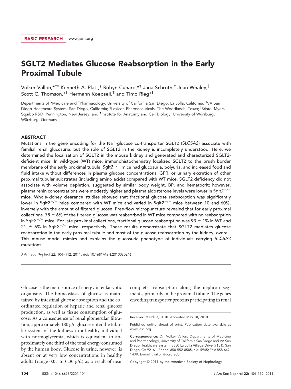 SGLT2 Mediates Glucose Reabsorption in the Early Proximal Tubule