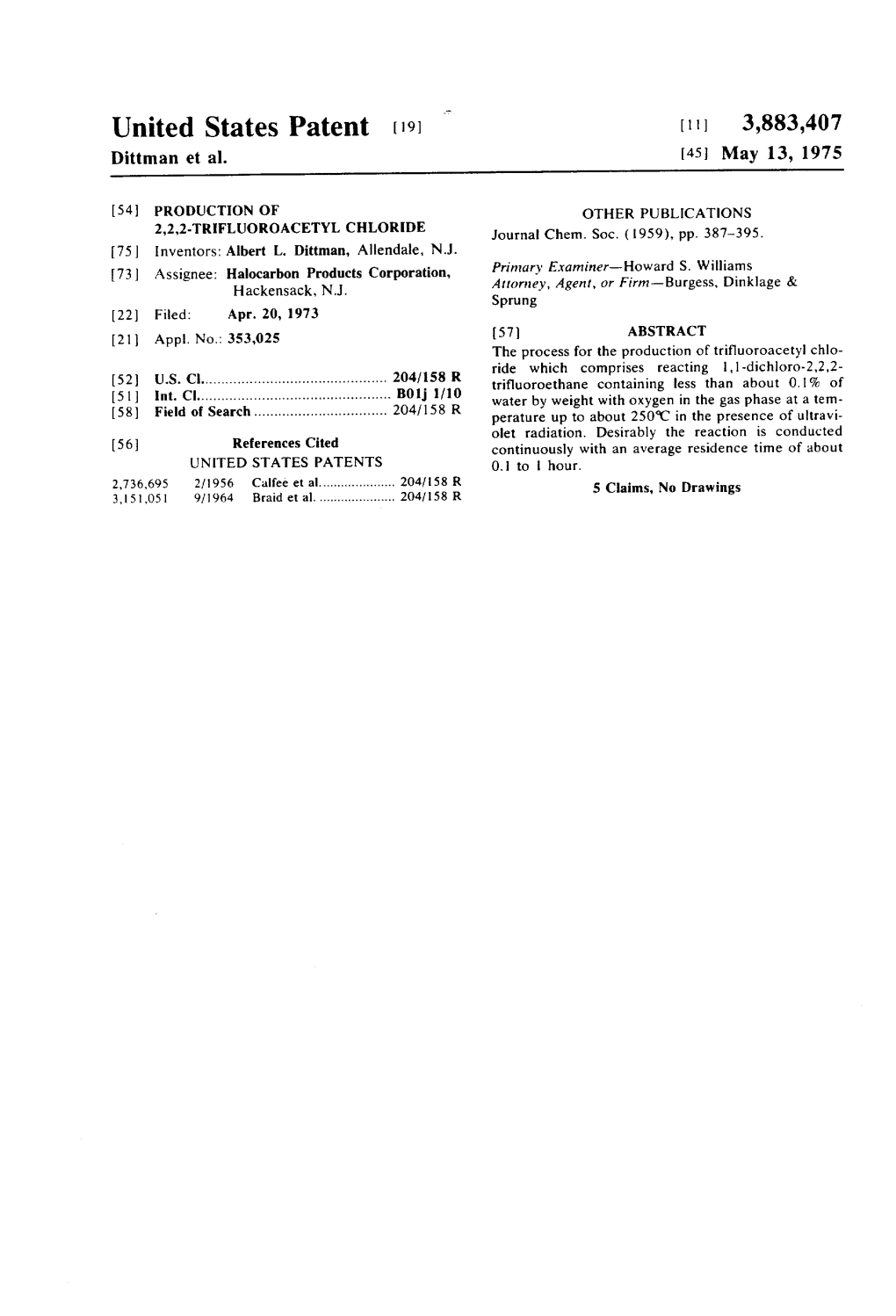 United States Patent (19) [11] 3,883,407 Dittman Et Al