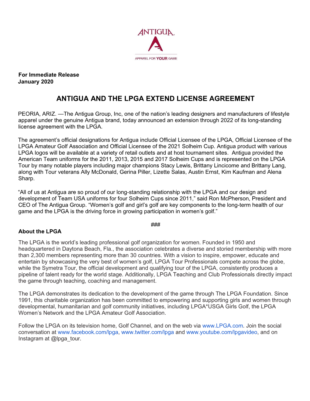 Antigua and the Lpga Extend License Agreement