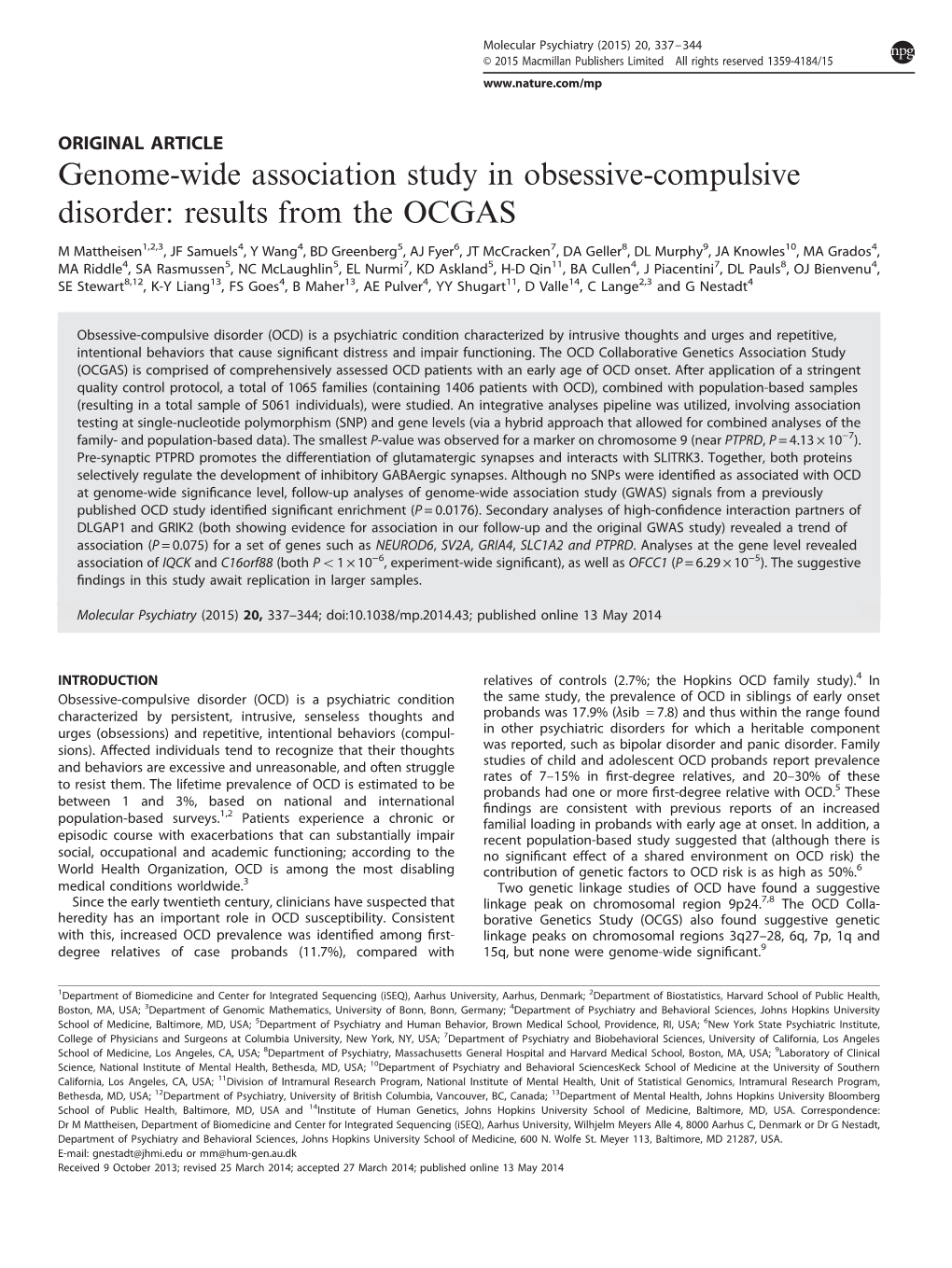 Genome-Wide Association Study in Obsessive-Compulsive Disorder: Results from the OCGAS