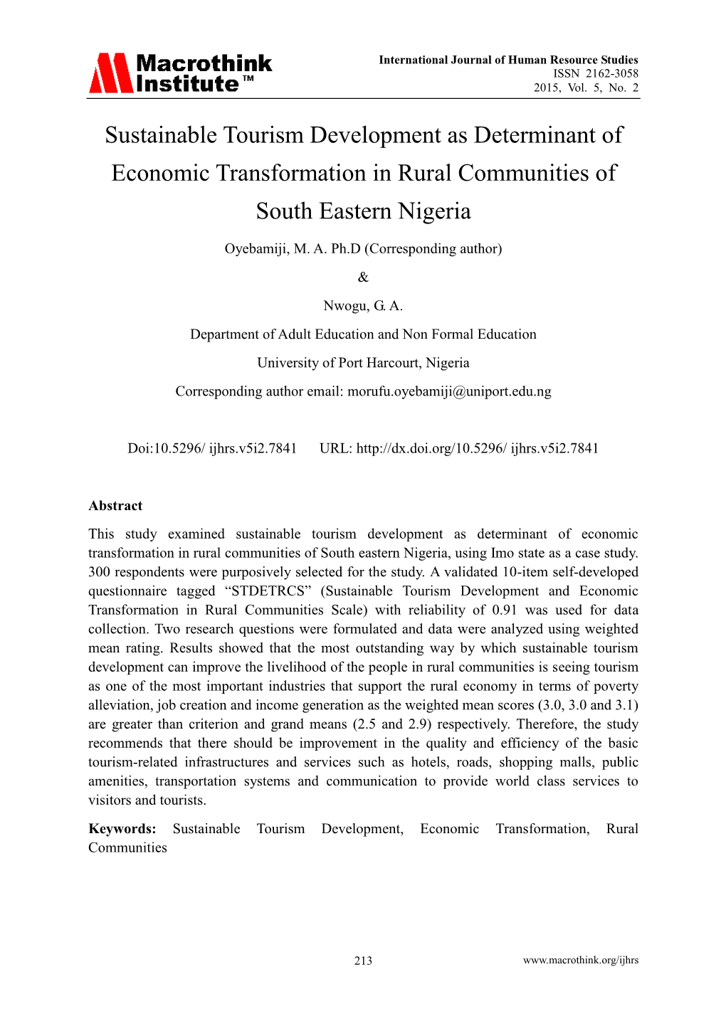 Sustainable Tourism Development As Determinant of Economic Transformation in Rural Communities of South Eastern Nigeria