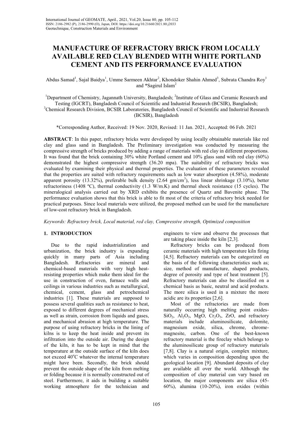 Manufacture of Refractory Brick from Locally Available Red Clay Blended with White Portland Cement and Its Performance Evaluation