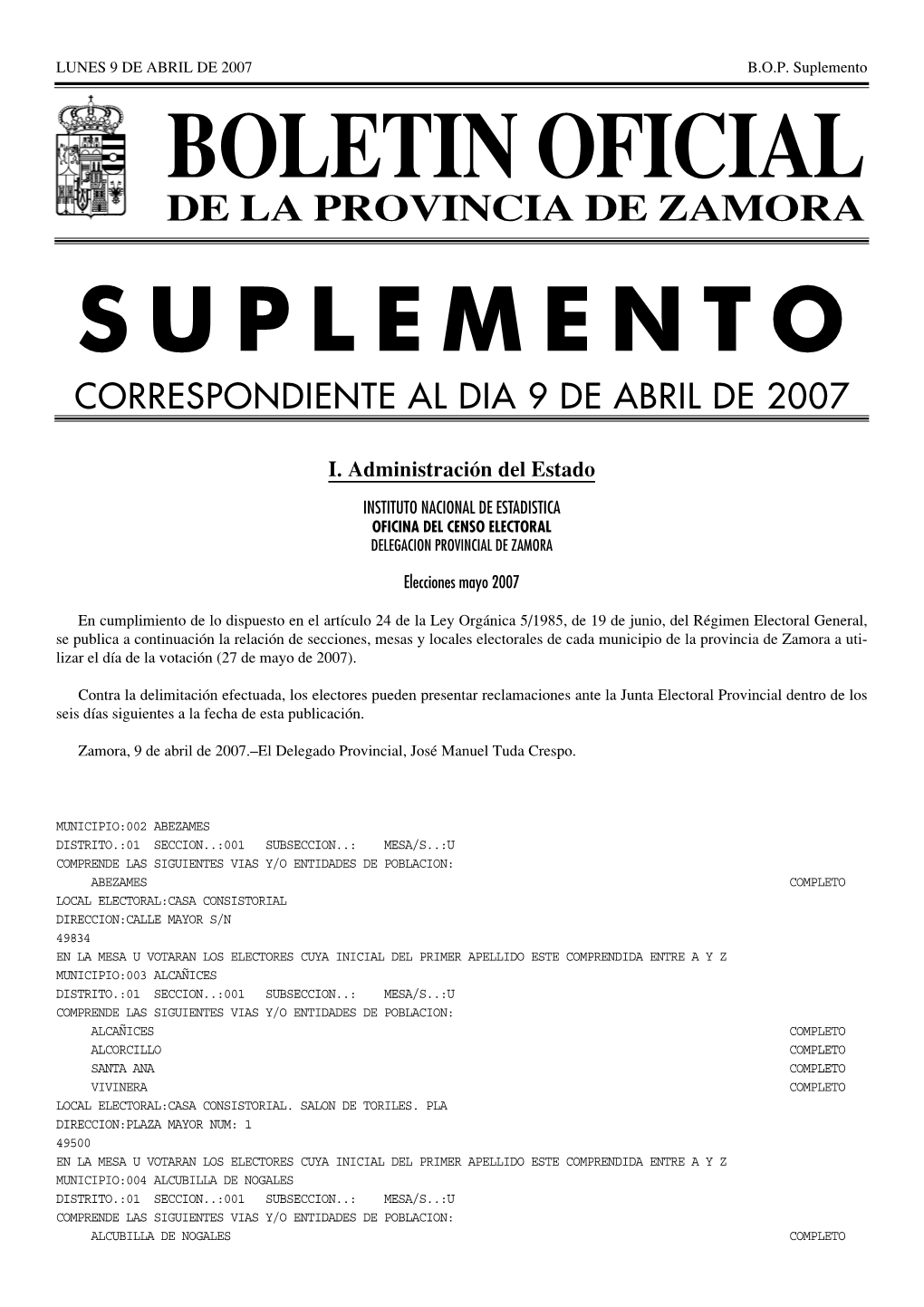 Censo Electoral Delegacion Provincial De Zamora