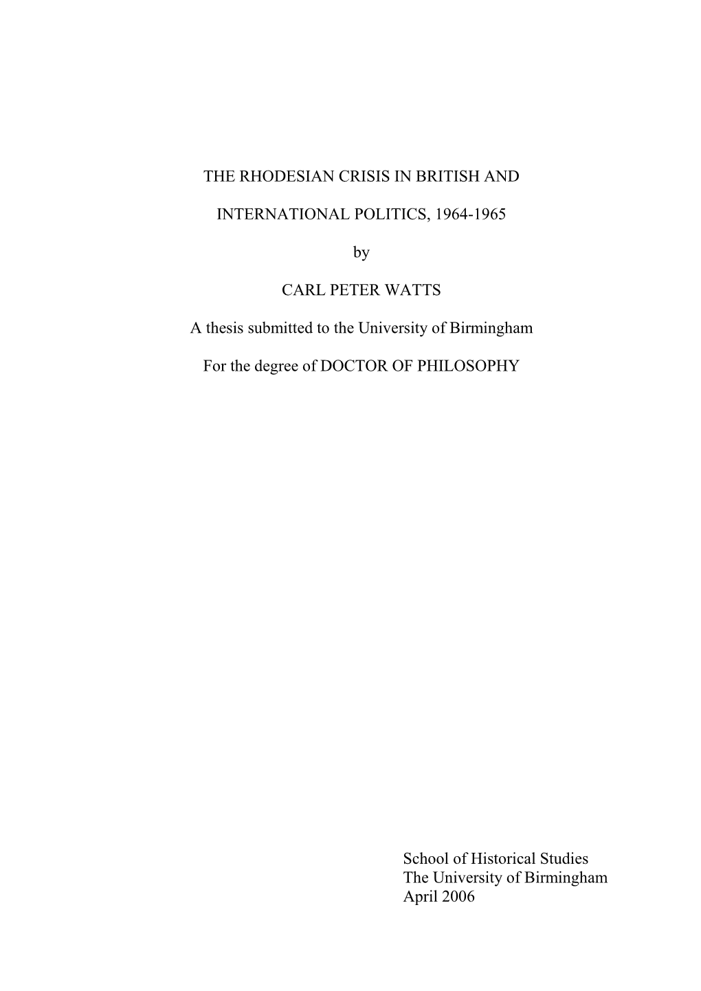 The Rhodesian Crisis in British and International Politics, 1964-1965