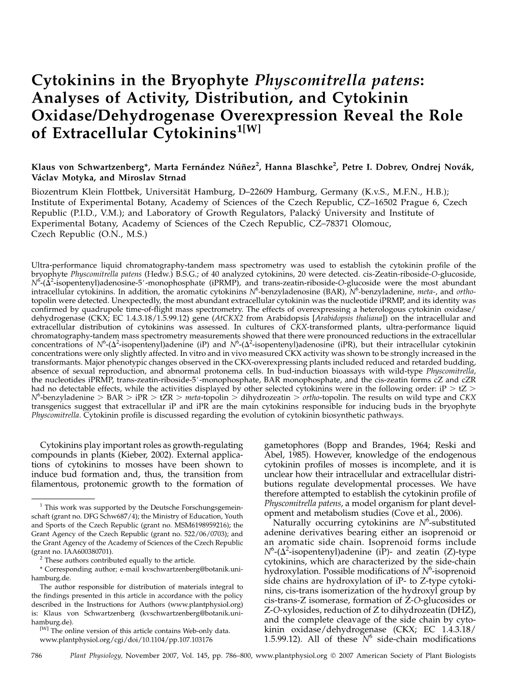 Cytokinins in the Bryophyte Physcomitrella Patens