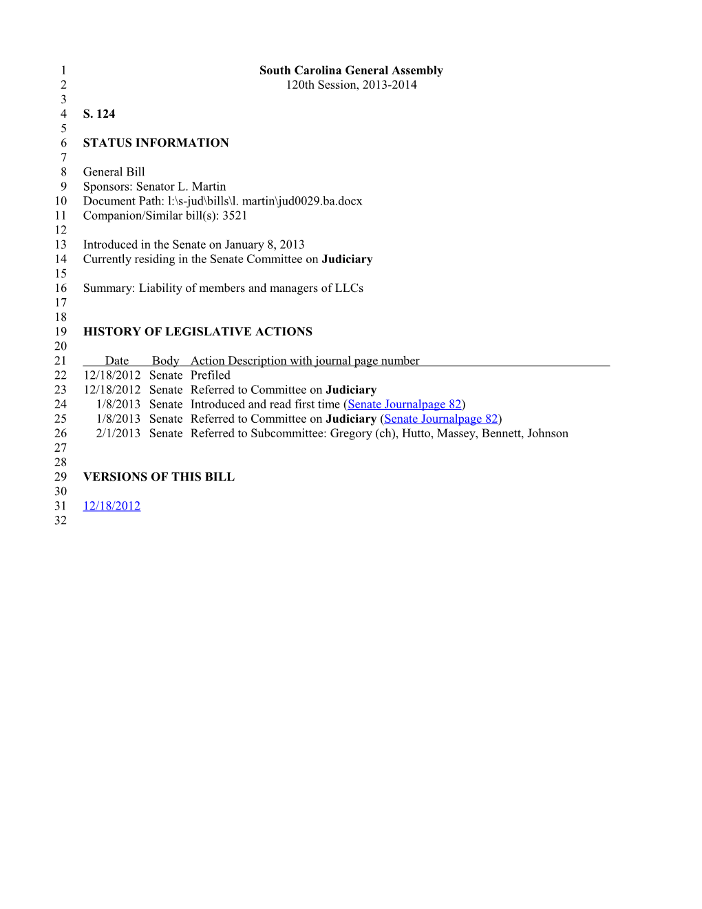 2013-2014 Bill 124: Liability of Members and Managers of Llcs - South Carolina Legislature