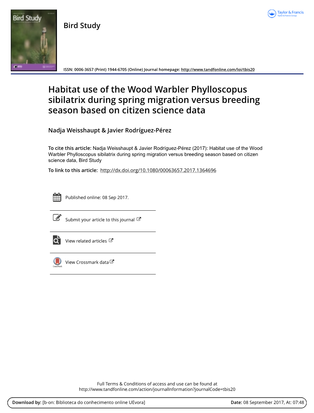 Habitat Use of the Wood Warbler Phylloscopus Sibilatrix During Spring Migration Versus Breeding Season Based on Citizen Science Data