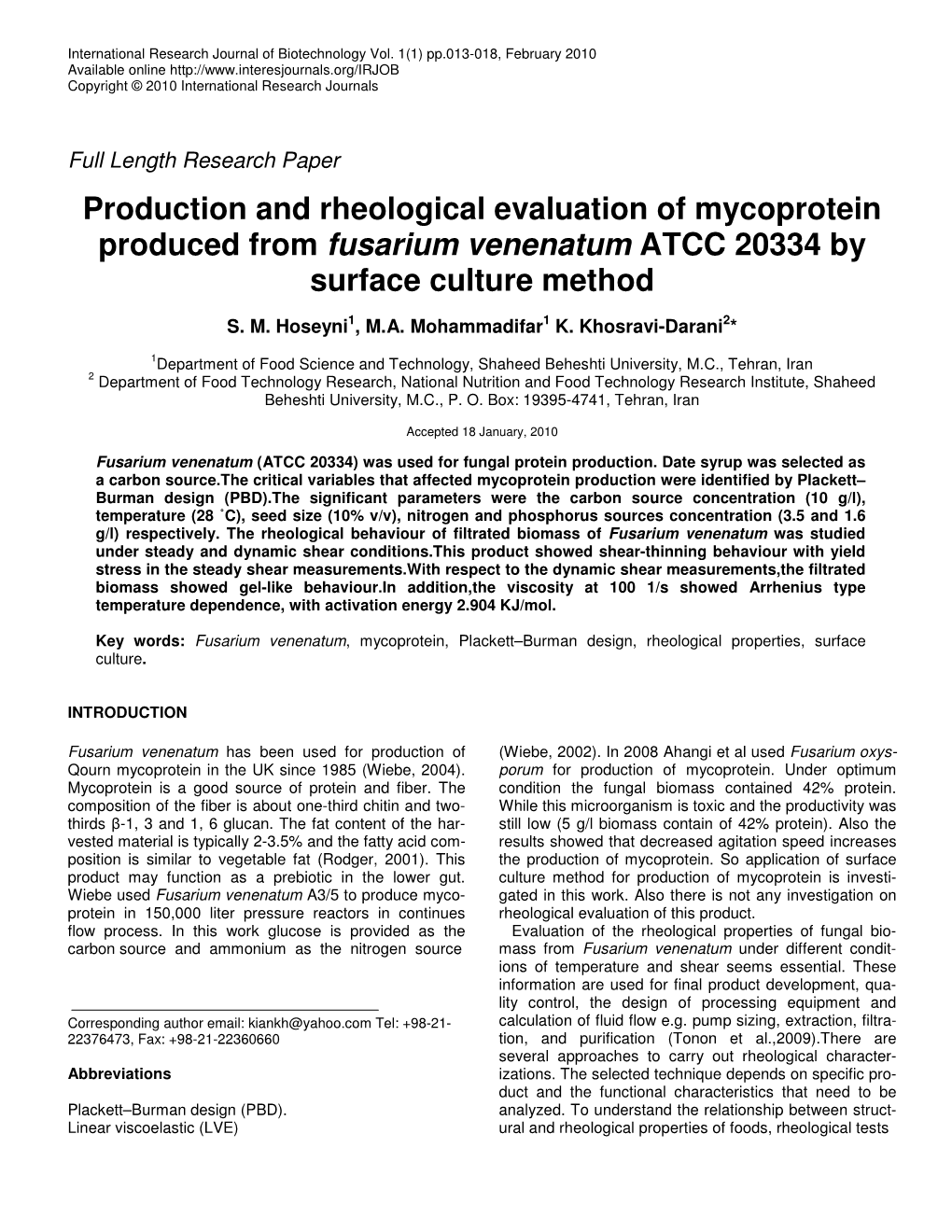 Production and Rheological Evaluation of Mycoprotein Produced from Fusarium Venenatum ATCC 20334 by Surface Culture Method