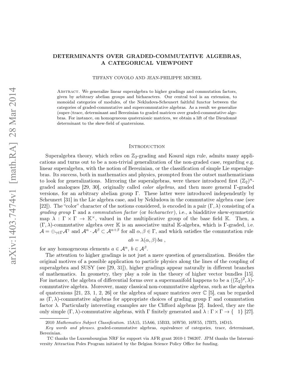DETERMINANTS OVER GRADED-COMMUTATIVE ALGEBRAS, a CATEGORICAL VIEWPOINT 3 Determinant and Berezinian