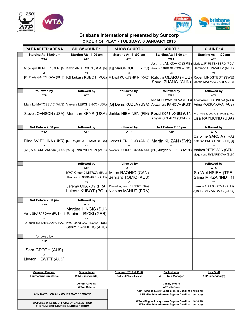 Brisbane International Presented by Suncorp ORDER of PLAY - TUESDAY, 6 JANUARY 2015