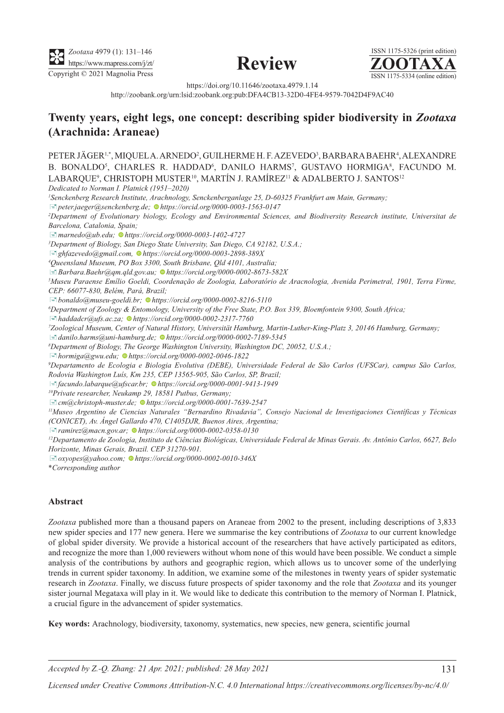 Describing Spider Biodiversity in Zootaxa (Arachnida: Araneae)