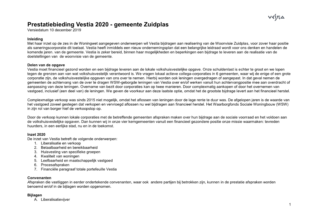 Prestatiebieding Vestia 2020 - Gemeente Zuidplas Versiedatum 10 December 2019