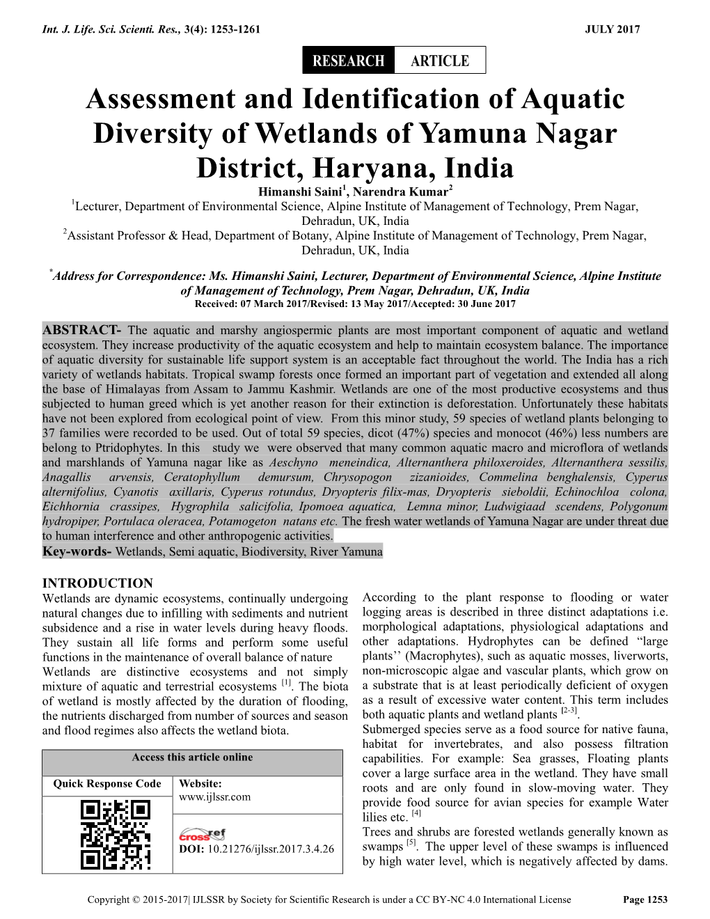 Assessment and Identification of Aquatic Diversity of Wetlands of Yamuna Nagar District, Haryana, India