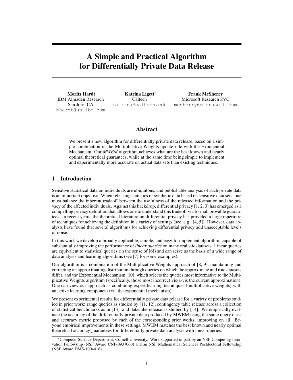 A Simple and Practical Algorithm for Differentially Private Data Release