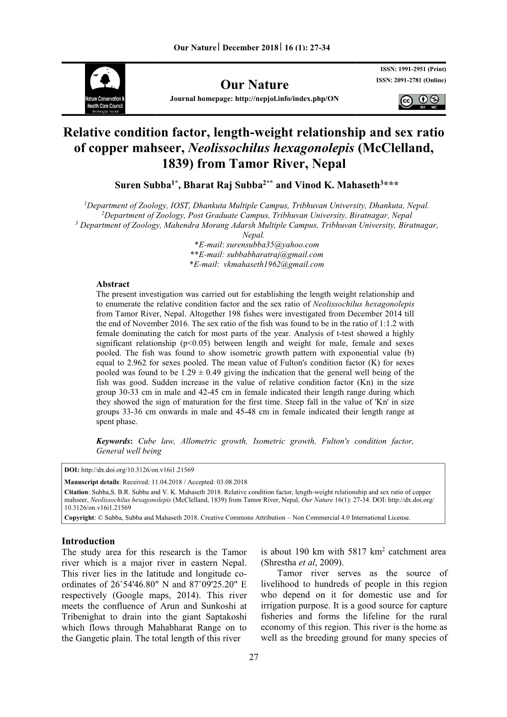 Our Nature Relative Condition Factor, Length-Weight