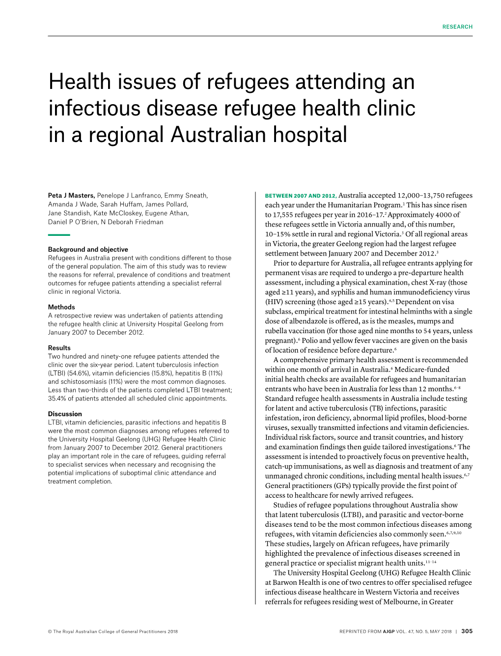 Health Issues of Refugees Attending an Infectious Disease Refugee Health Clinic in a Regional Australian Hospital
