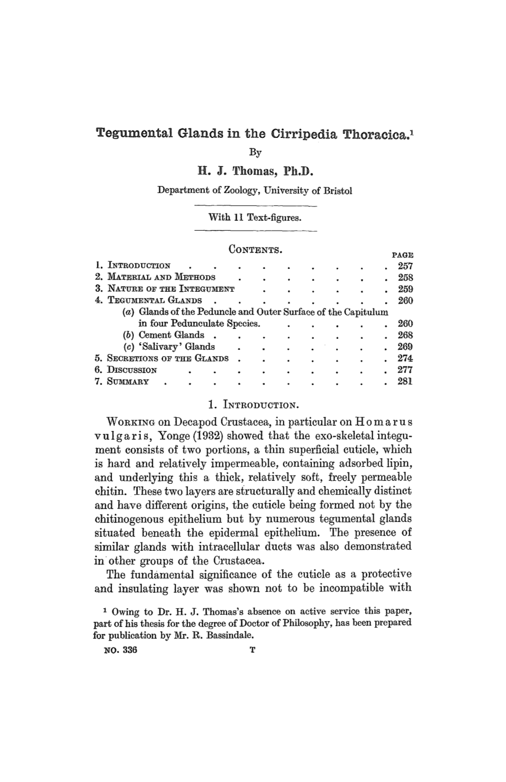 Tegumental Glands in the Oirripedia Thoracica.1 by H