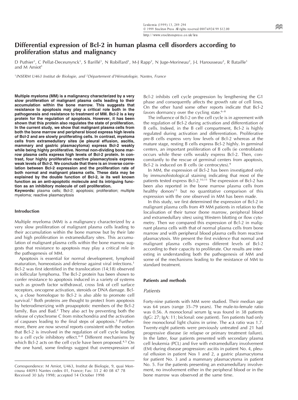 Differential Expression of Bcl-2 in Human Plasma Cell Disorders