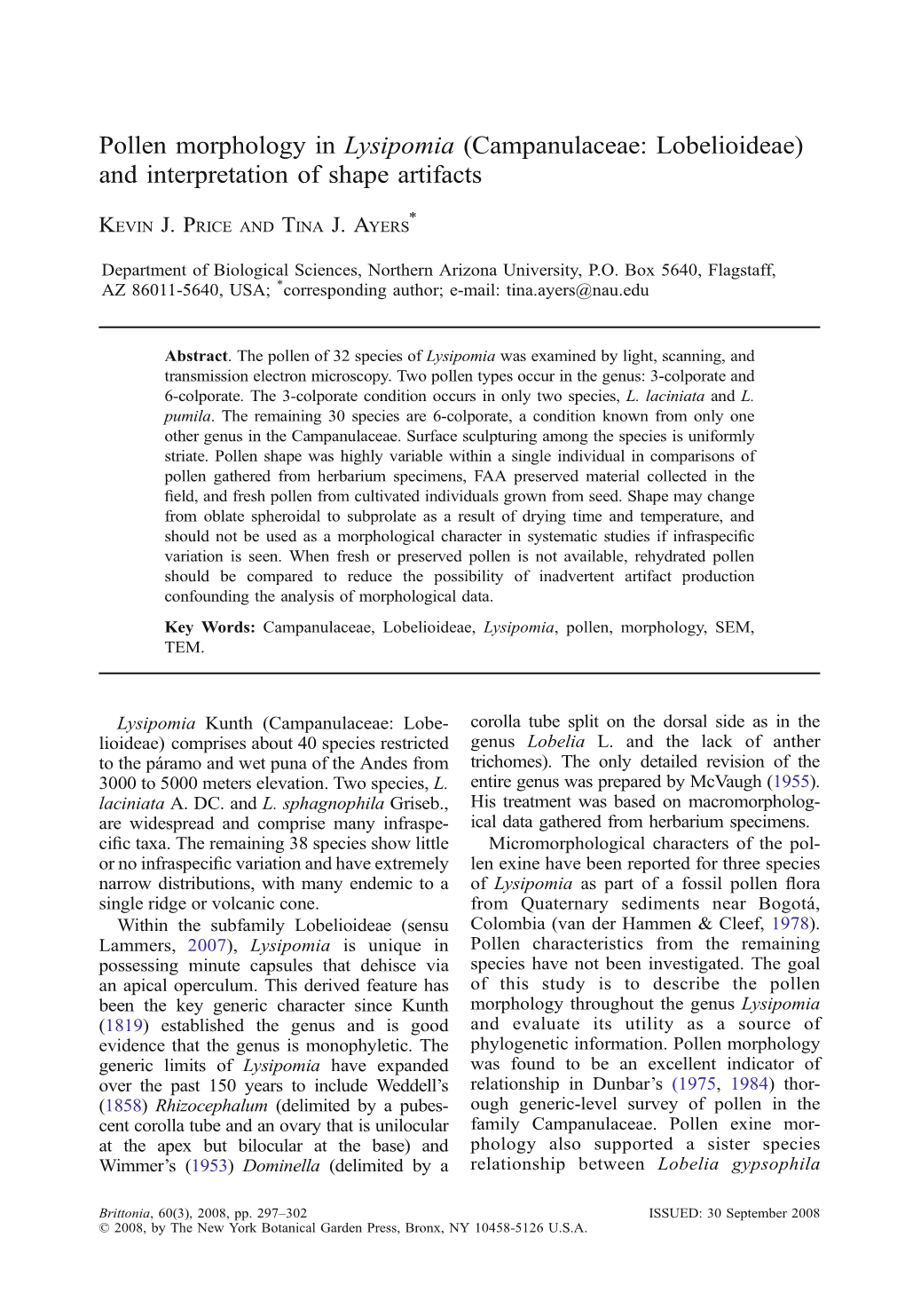 Pollen Morphology in Lysipomia (Campanulaceae: Lobelioideae) and Interpretation of Shape Artifacts