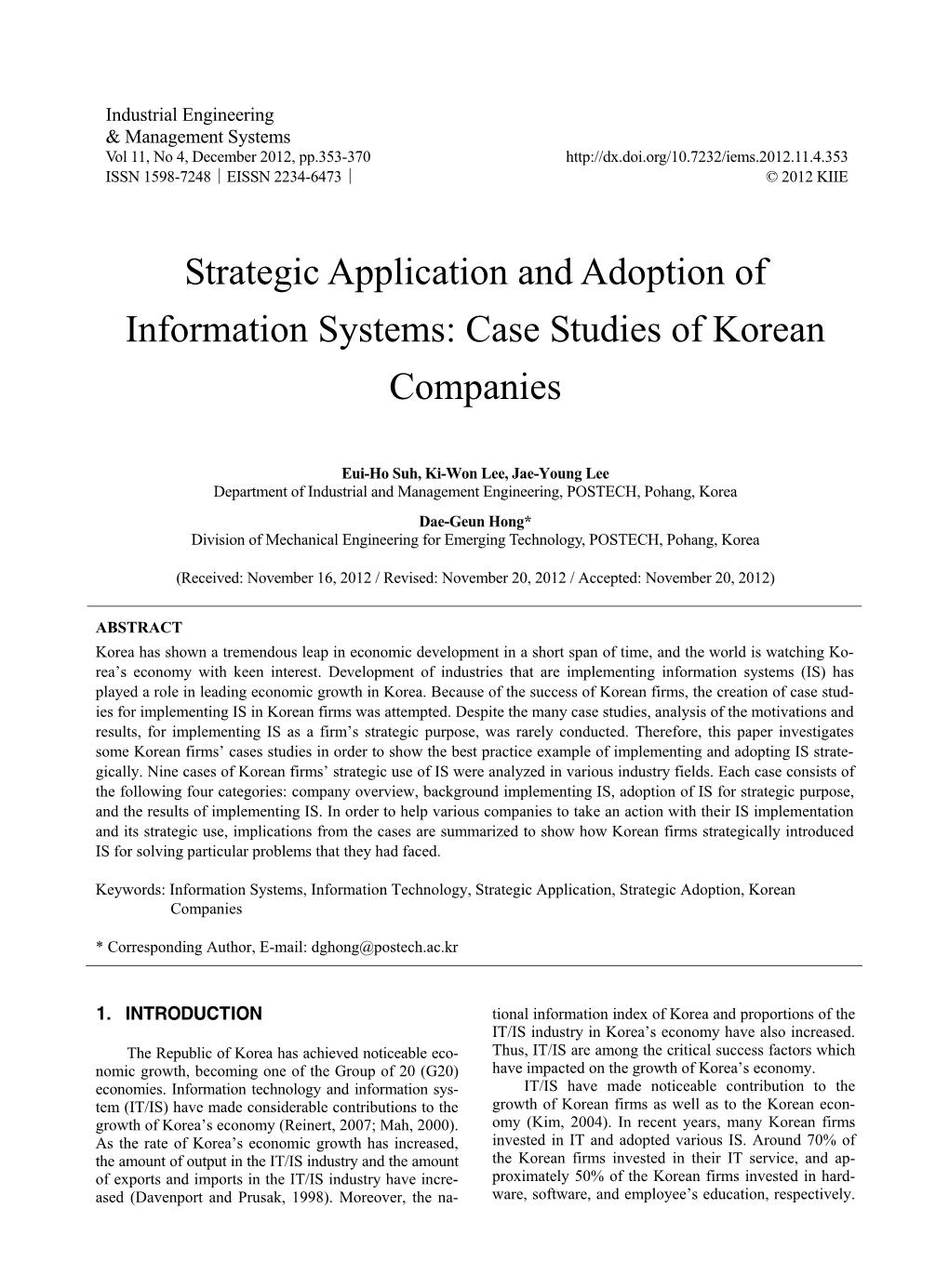 Strategic Application and Adoption of Information Systems: Case Studies of Korean Companies