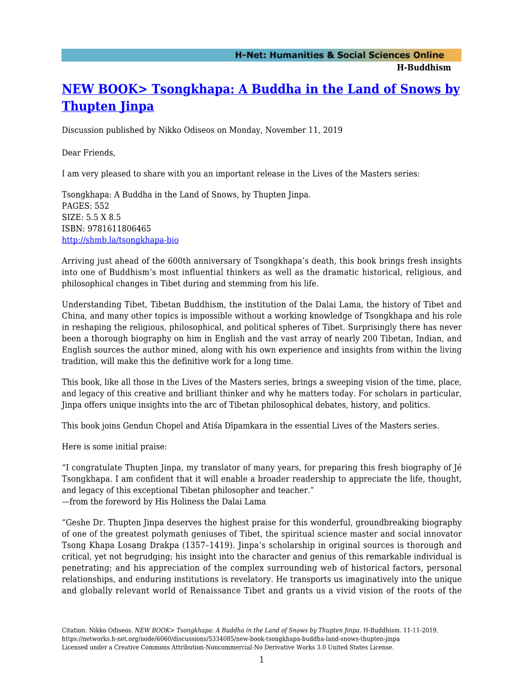 NEW BOOK&gt; Tsongkhapa: a Buddha in the Land of Snows by Thupten