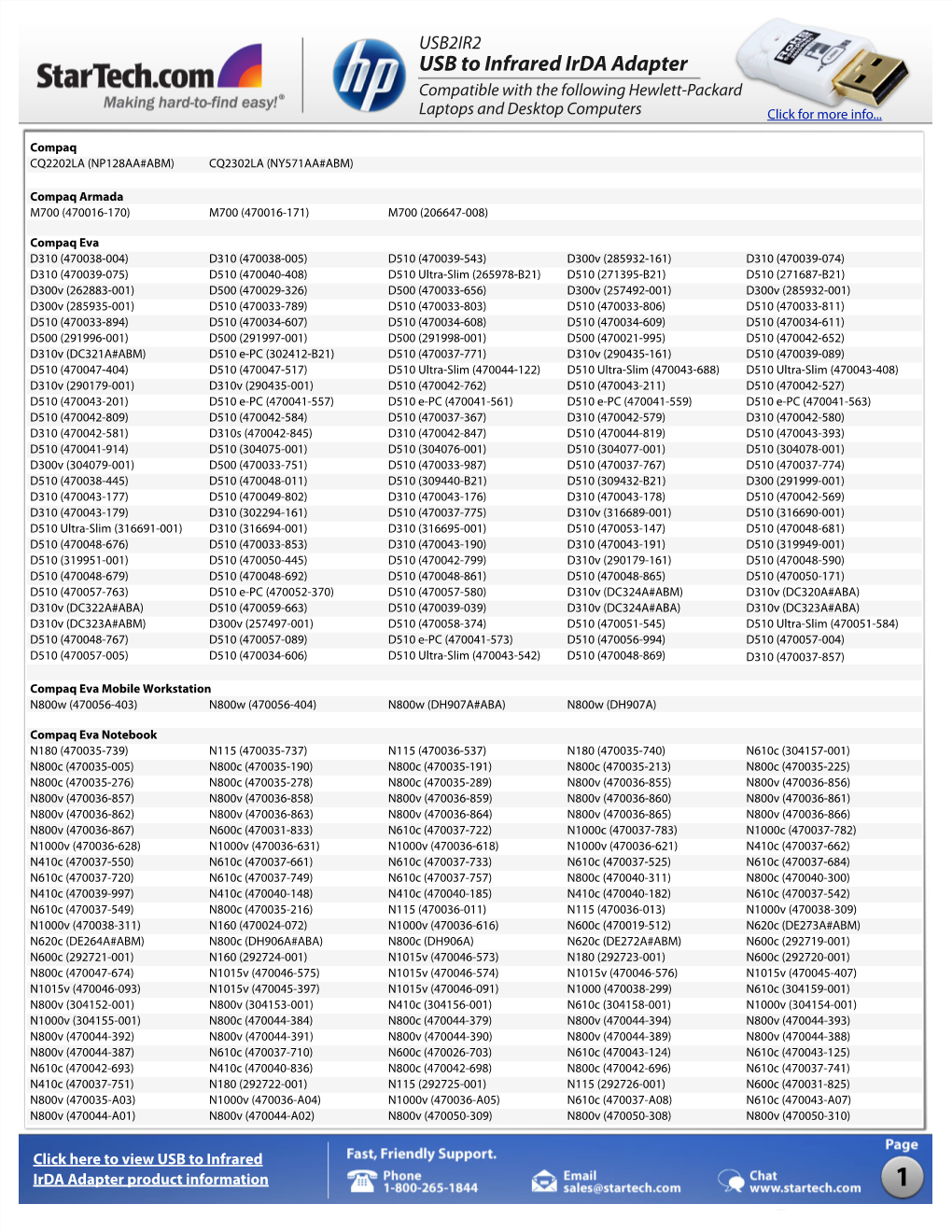 USB to Infrared Irda Adapter Compatible with the Following Hewlett-Packard Laptops and Desktop Computers Click for More Info