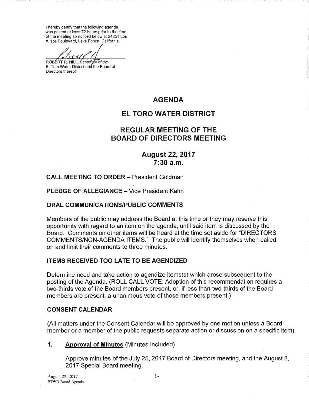 Agenda El Toro Water District Regular Meeting Of