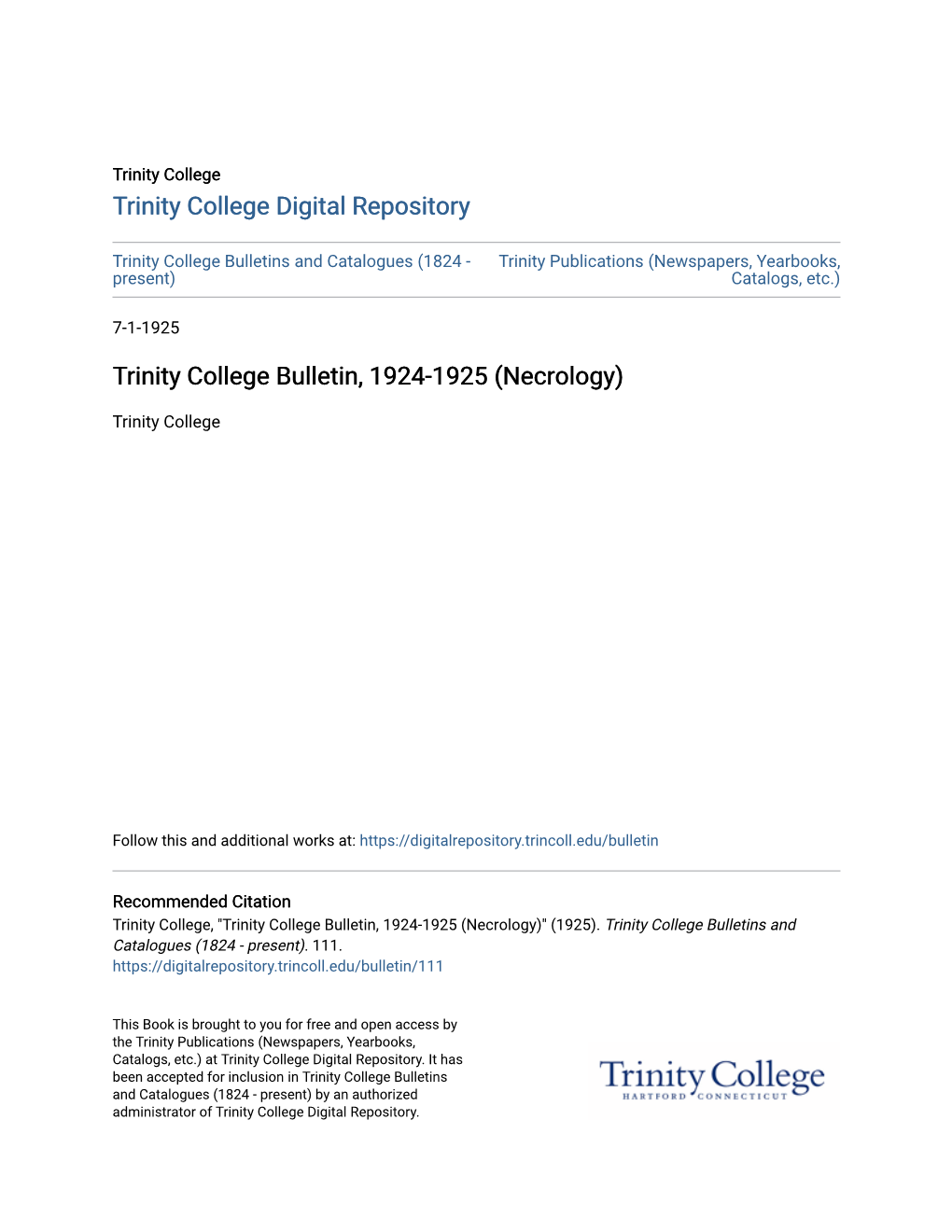 Trinity College Bulletin, 1924-1925 (Necrology)