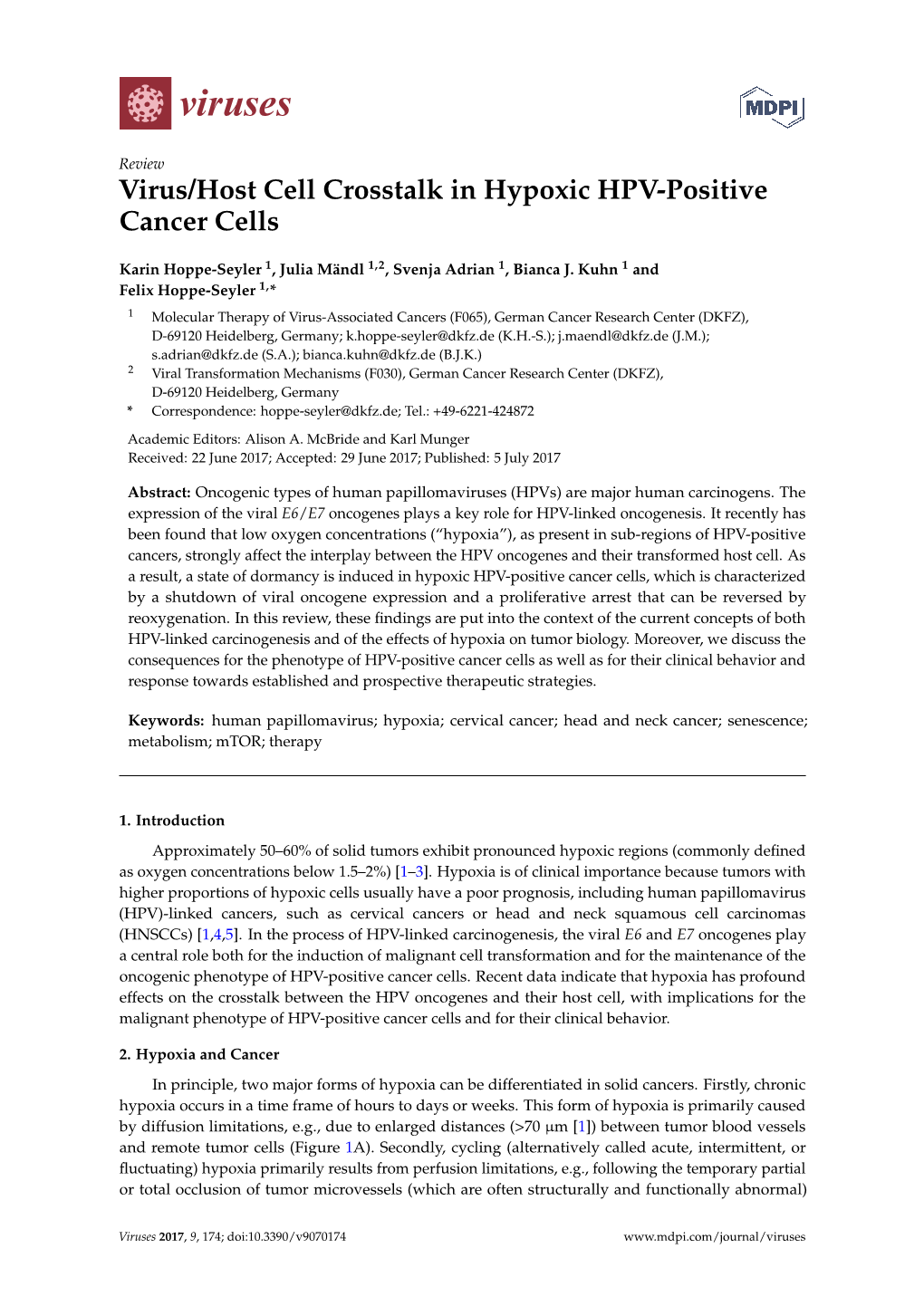 Virus/Host Cell Crosstalk in Hypoxic HPV-Positive Cancer Cells