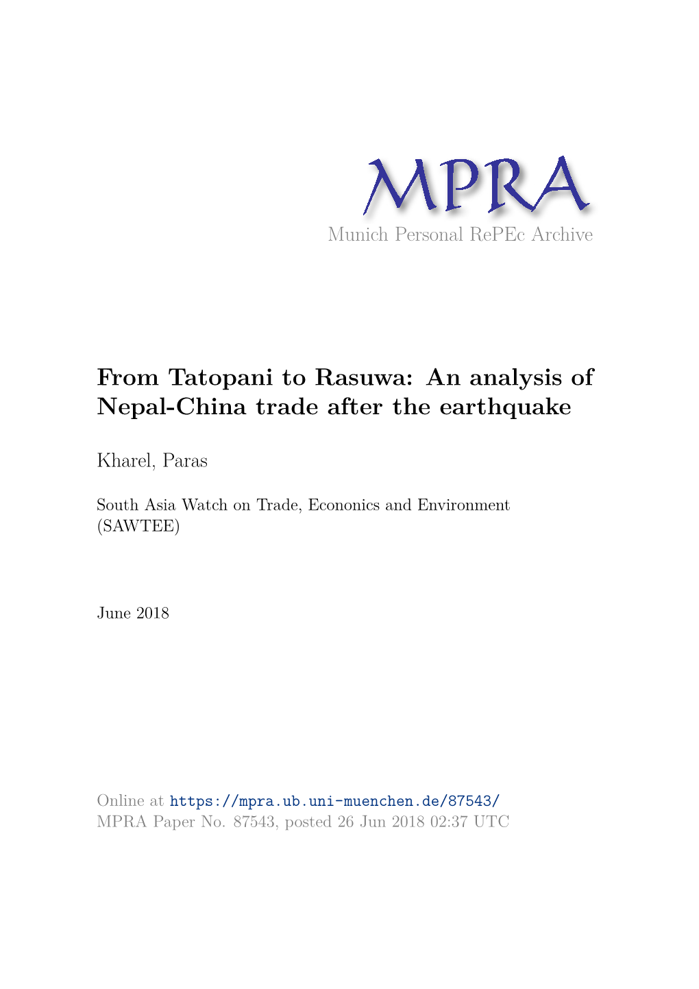 From Tatopani to Rasuwa: an Analysis of Nepal-China Trade After the Earthquake