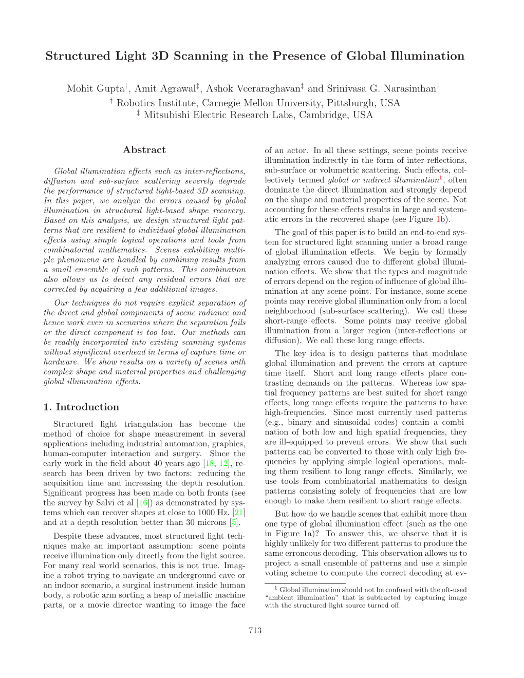 Structured Light 3D Scanning in the Presence of Global Illumination