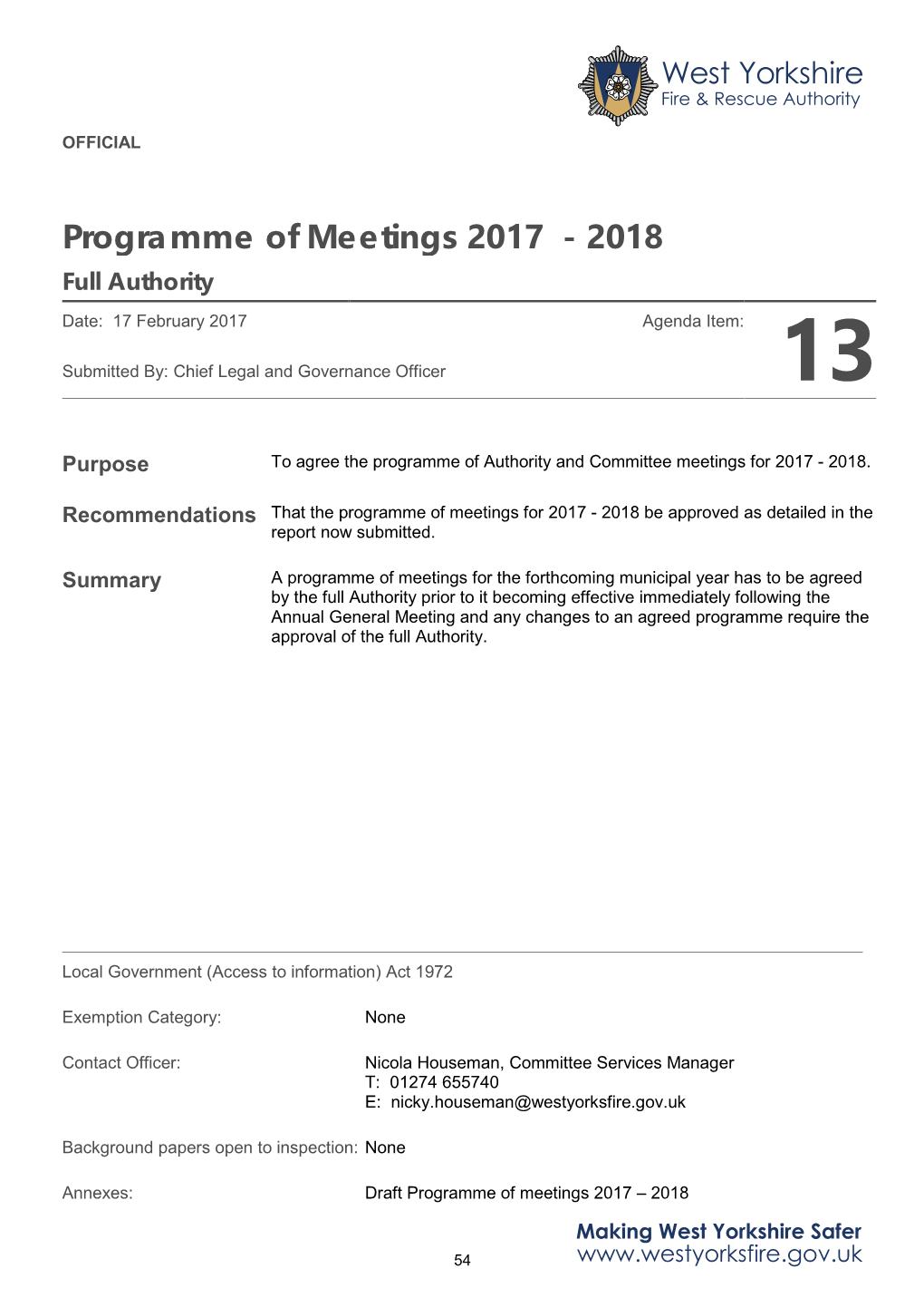 Programme of Meetings 2017 - 2018 Full Authority