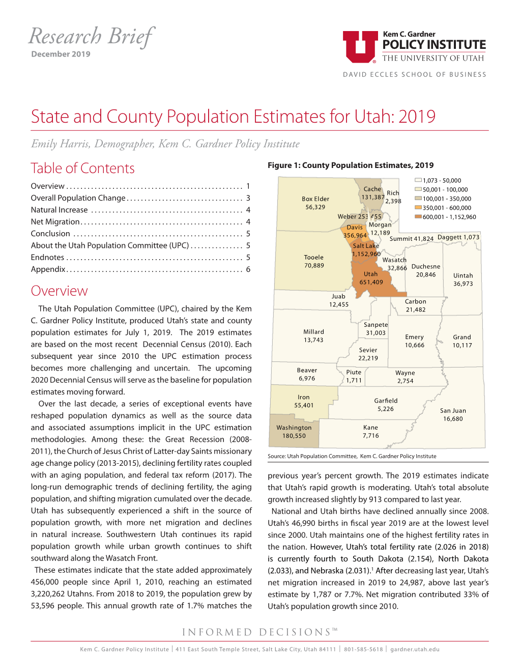 State and County Population Estimates for Utah: 2019 Emily Harris, Demographer, Kem C