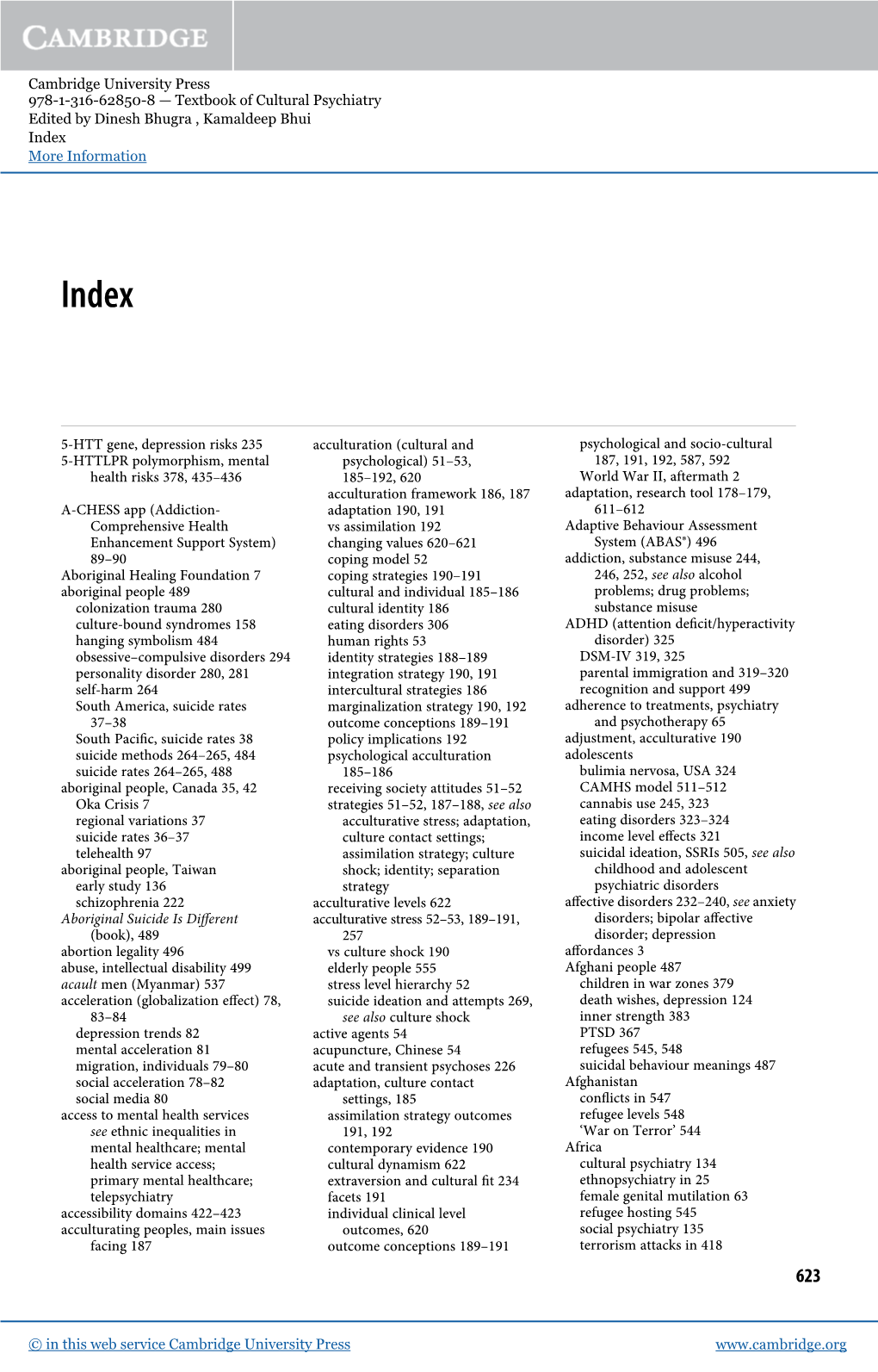 Cambridge University Press 978-1-316-62850-8 — Textbook of Cultural Psychiatry Edited by Dinesh Bhugra , Kamaldeep Bhui Index More Information