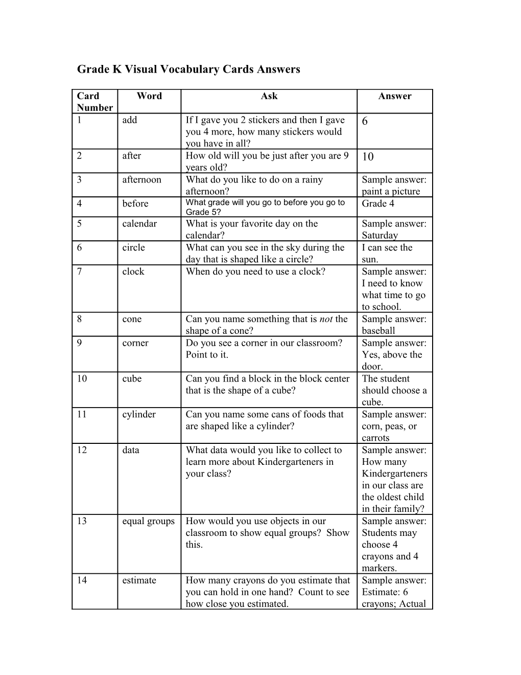 Grade K Visual Vocabulary Cards Answers s1