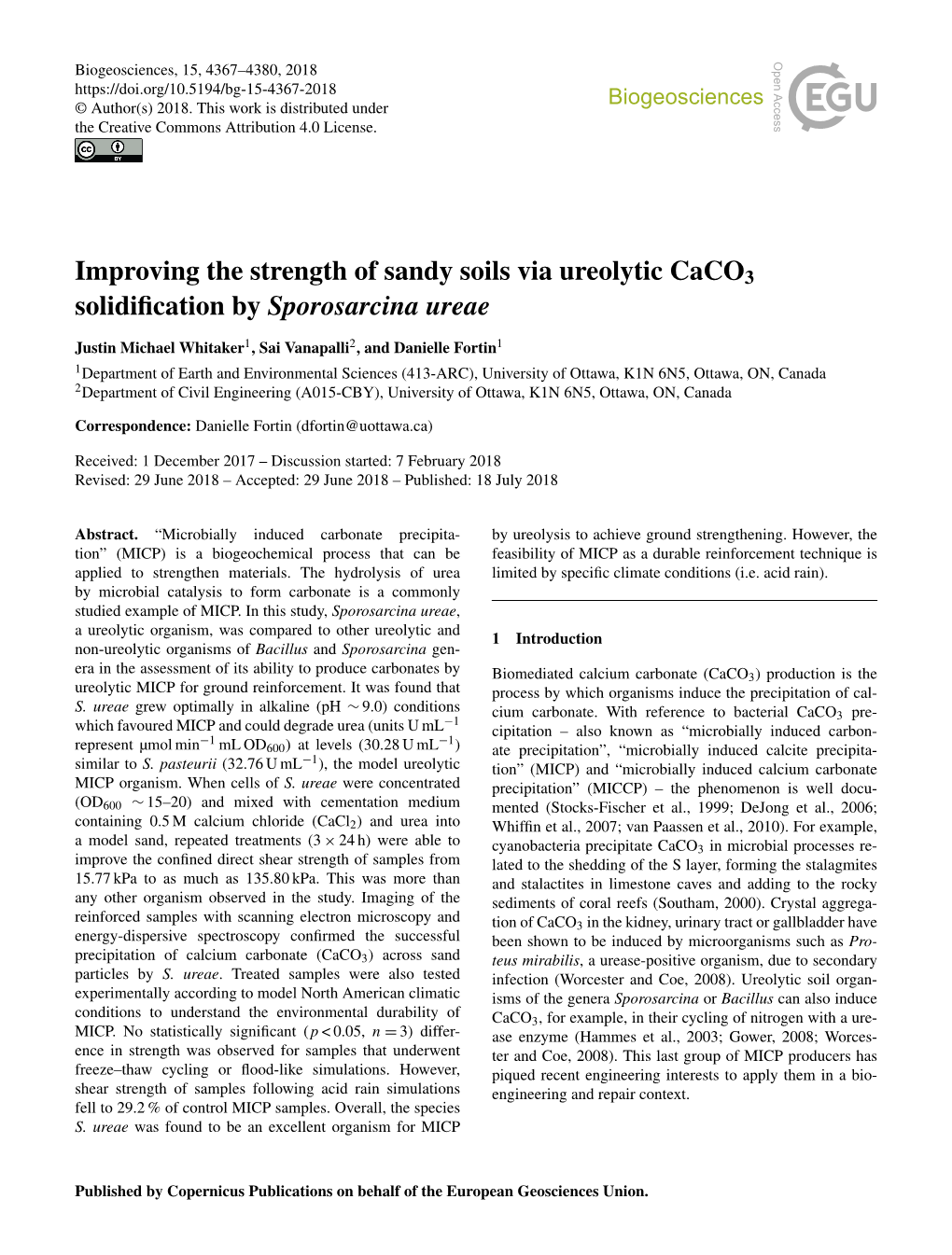 Improving the Strength of Sandy Soils Via Ureolytic Caco3 Solidification