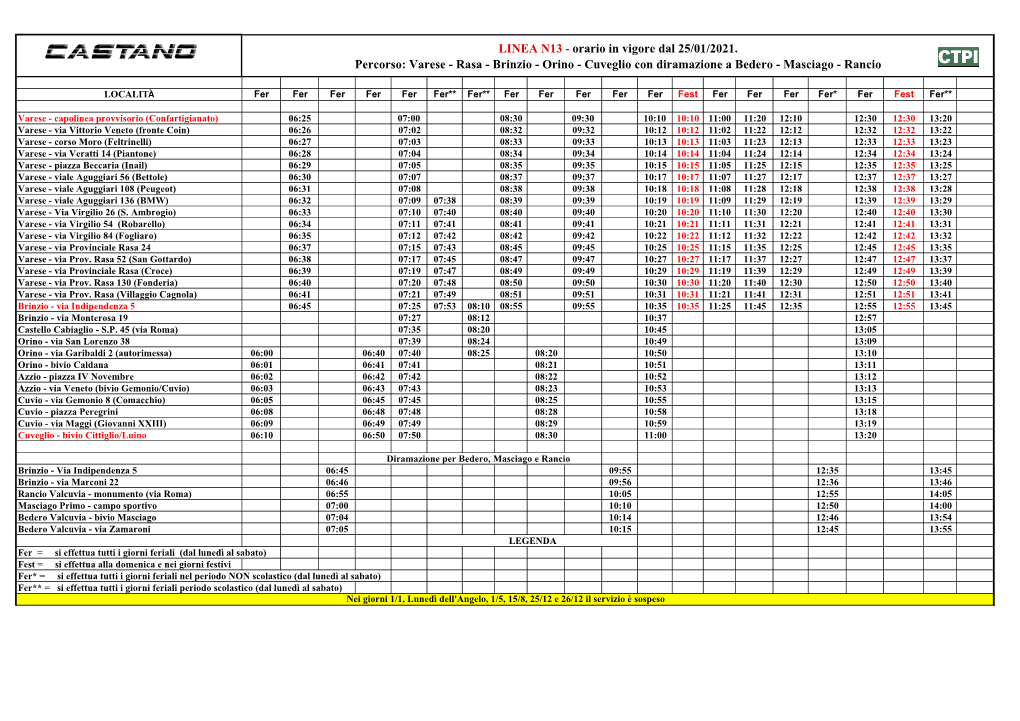 LINEA N13 - Orario in Vigore Dal 25/01/2021
