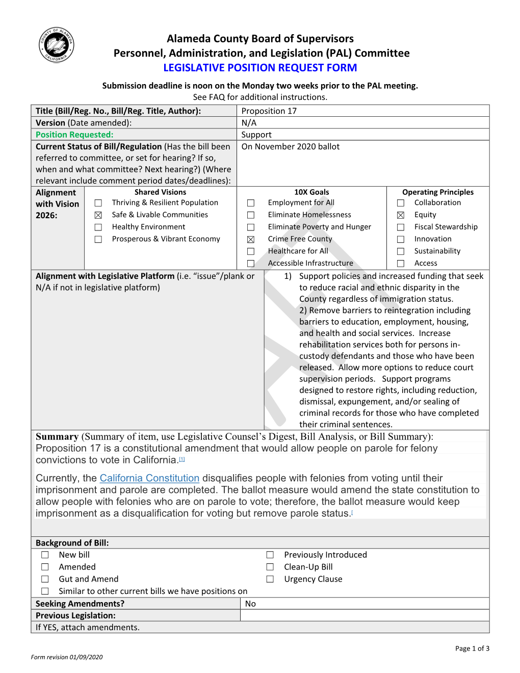 Alameda County Board of Supervisors Personnel, Administration, and Legislation (PAL) Committee LEGISLATIVE POSITION REQUEST FORM
